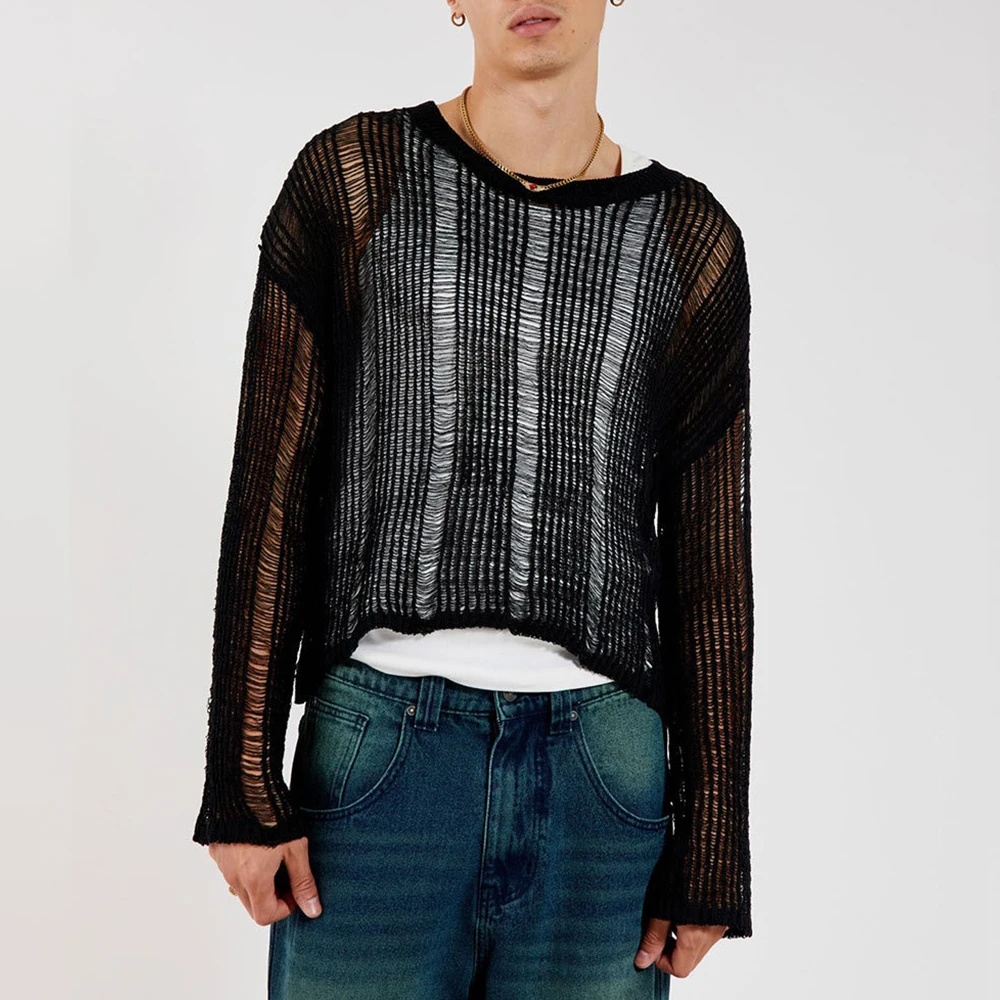 Mens Hollow See-Through Sexy Knitted Sweater Autumn Genderless Nightclub Elastic Loose Versatile Long-Sleeved Sweater Unisex