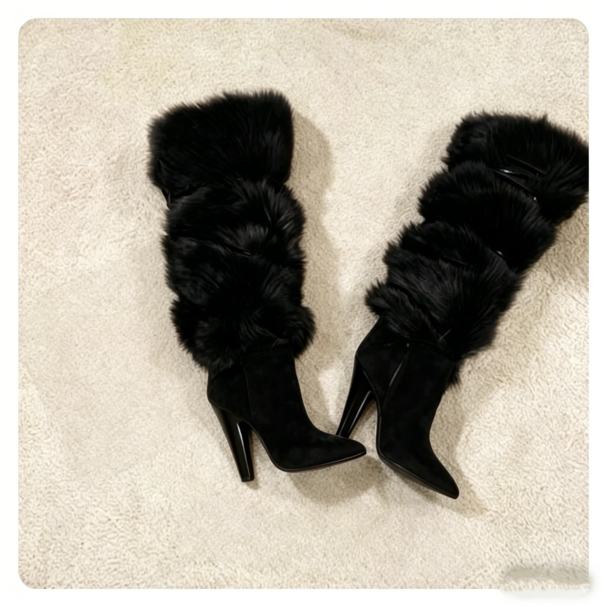 

Brown Fur Design Pointed Toe Knee High Boots Fashion Warm Lady Spike High Heels Suede Boots Sexy Women Strappy Shoes
