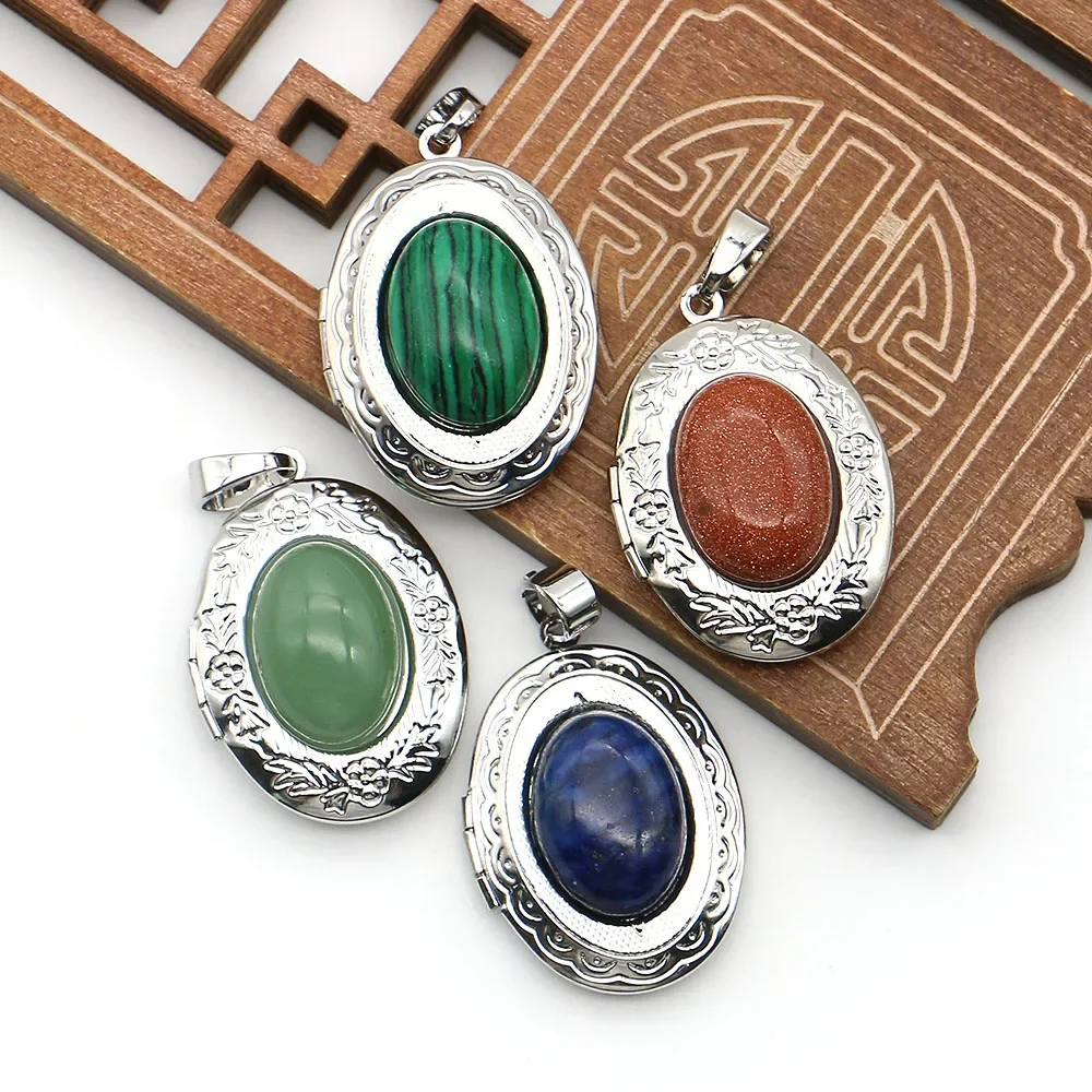 Natural Stone Locket Pendant with Electroplated Copper Patterns Inlaid with Gold-Sand Stone DIY Necklace Jewelry Accessories