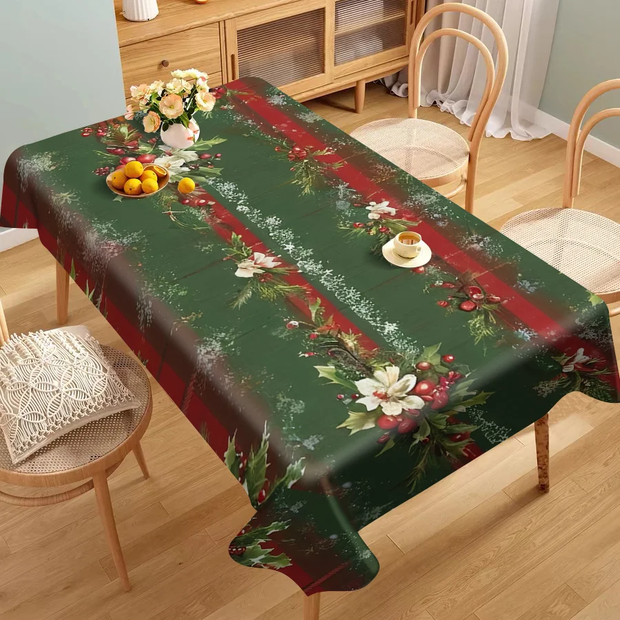 Elegant Holiday Tablecloth Green Red Berry Floral Spillproof Table Runner for Dining Room Decor