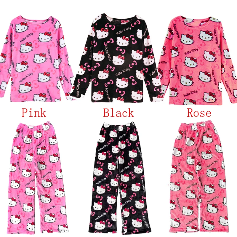 MINISO  Hello Kitty  Kawaii Loungewear Set Loose Flannel Ladies Pajama Pants Girl Autumn Winter Women Casual Cute Home Clothing