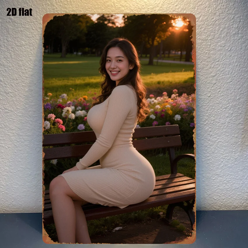 A Metal Sign Depicting a Lady in a Fitted Dress Sitting on a Park Bench Under The Sunset. The Background Features Colorful Flowe