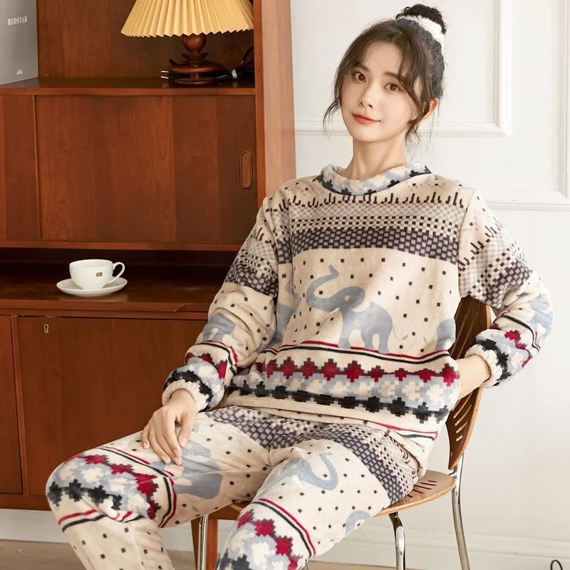 Winter Pajamas Set Casual Cartoon Full Sleepwear For Women Warm Thick Pyjama Women\'s Flannel Fashion Homewear Clothes Plus Size