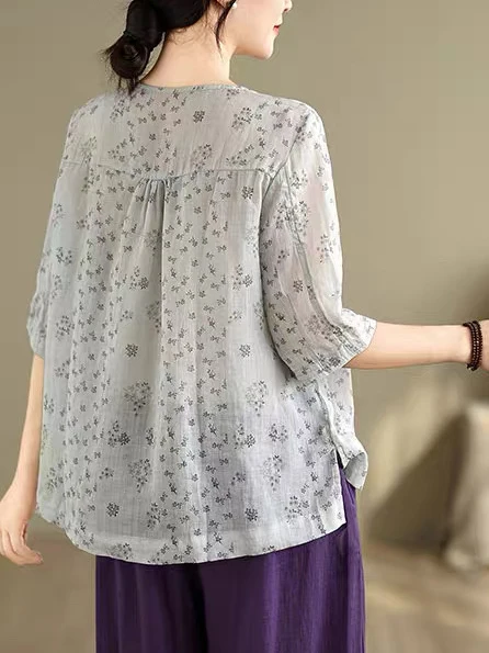 Cardigan F de Verão em Aodão e Linho com Gola Redonda e Manga Curta, Estampa Floral, Ajuste Solto, Manga Regular, Ma...