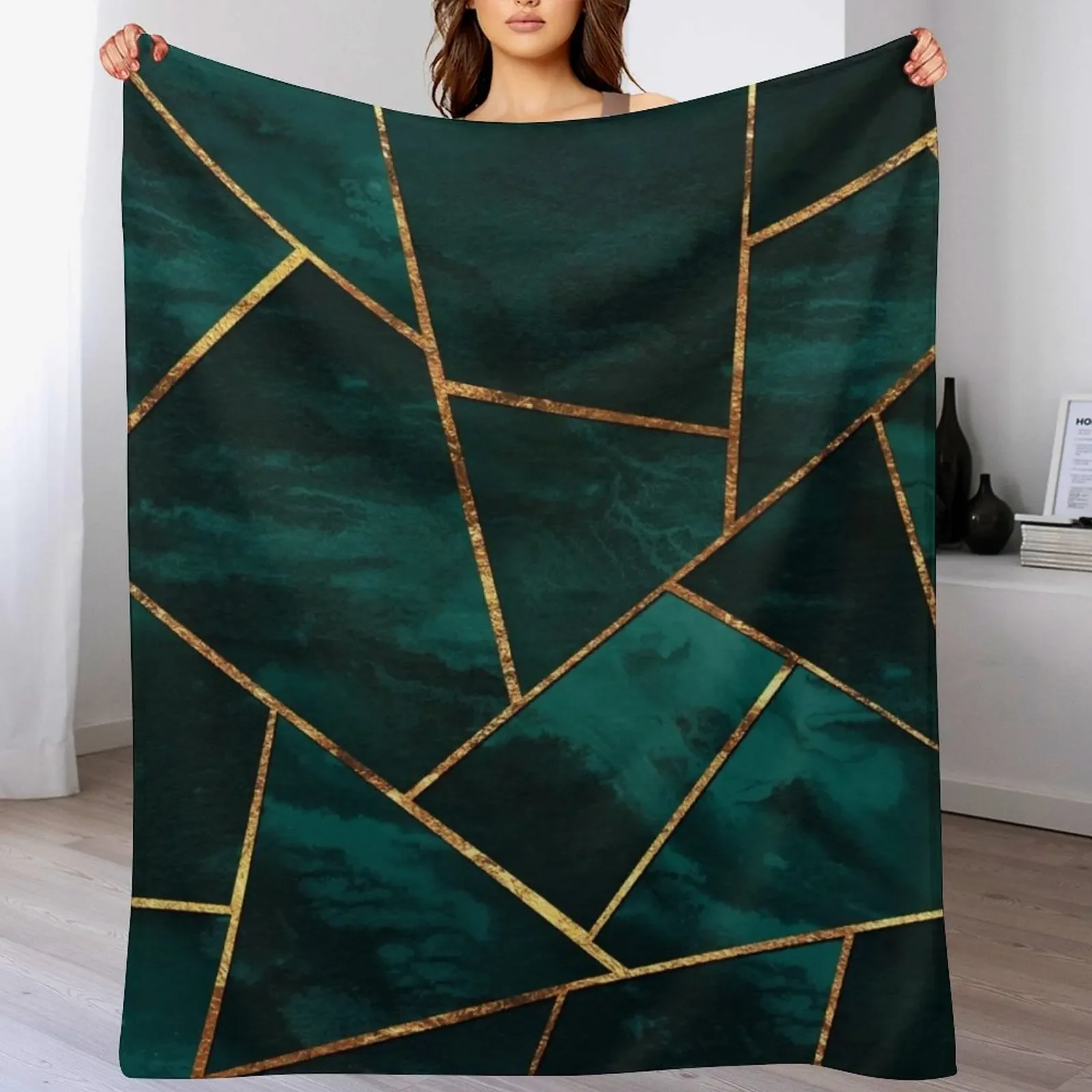 Dark Teal Ink Copper Gold Geometric Glam #1 #geo #decor #art Throw Blanket Soft Home Decor Blanket for Couch Bedroom