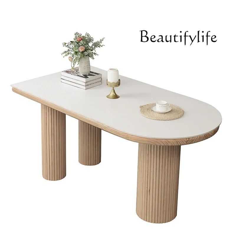 Solid Wood Stone Plate Dining Table Small Apartment Japanese Style Log Cream Style Dining Table Semicircle Kitchen Island