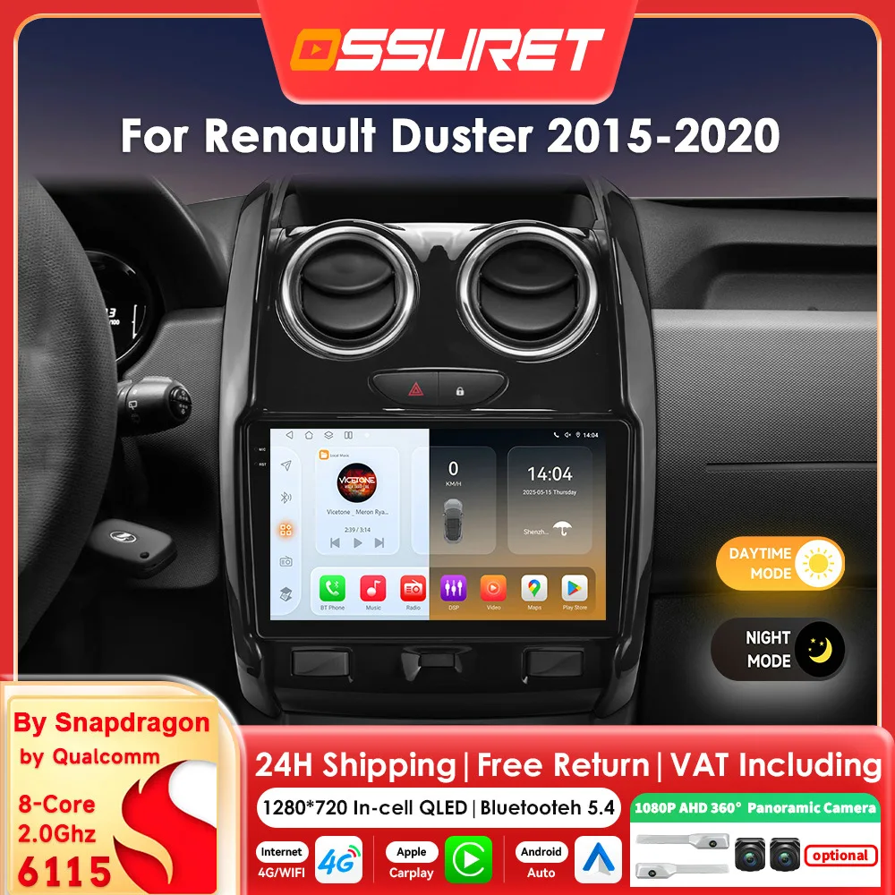 Autoradio Android 14 6115 8Core per Renault Duster 2015-2020, Lettore Multimediale GPS con Telecamera 360°, Schermo 9" 2DIN"