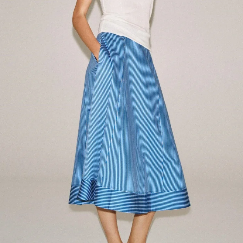 Summer 2026 New Arrival Women's Simple Casual Stripe Cloak Midi Half Skirt A-Line High Waist Other Material Non-Ironed
