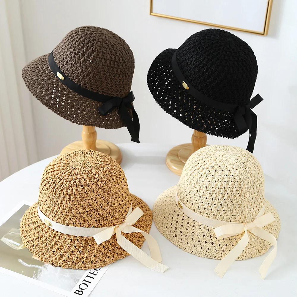 Atmungsaktiver Gestrickter Spitzen-Designer-Fischerhut Damen Sommer Sonnenschutzhut Modischer Schleifenknoten Kurze Krempe Runder Schirmhut