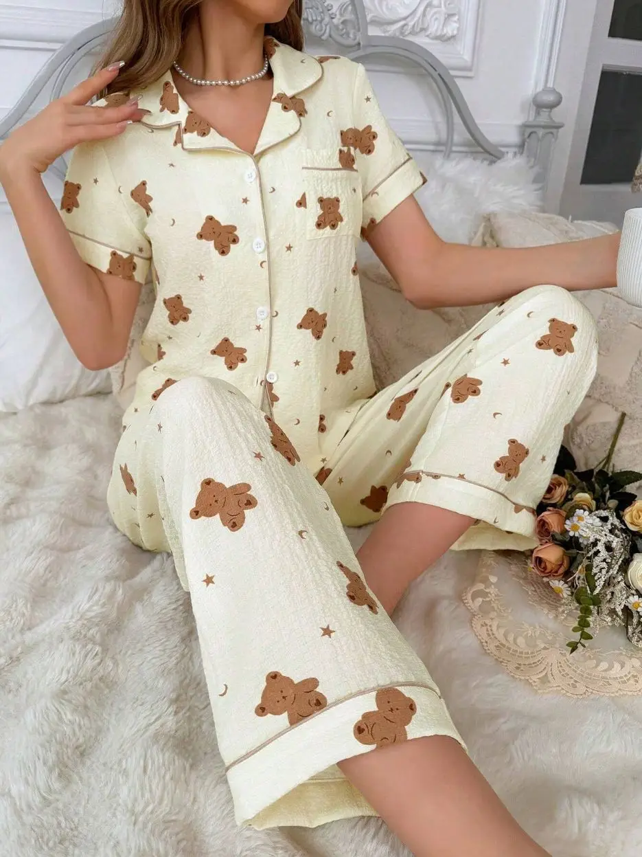 

Home wear pajama set with printed short-sleeved pants and cardigan, new style for ladies