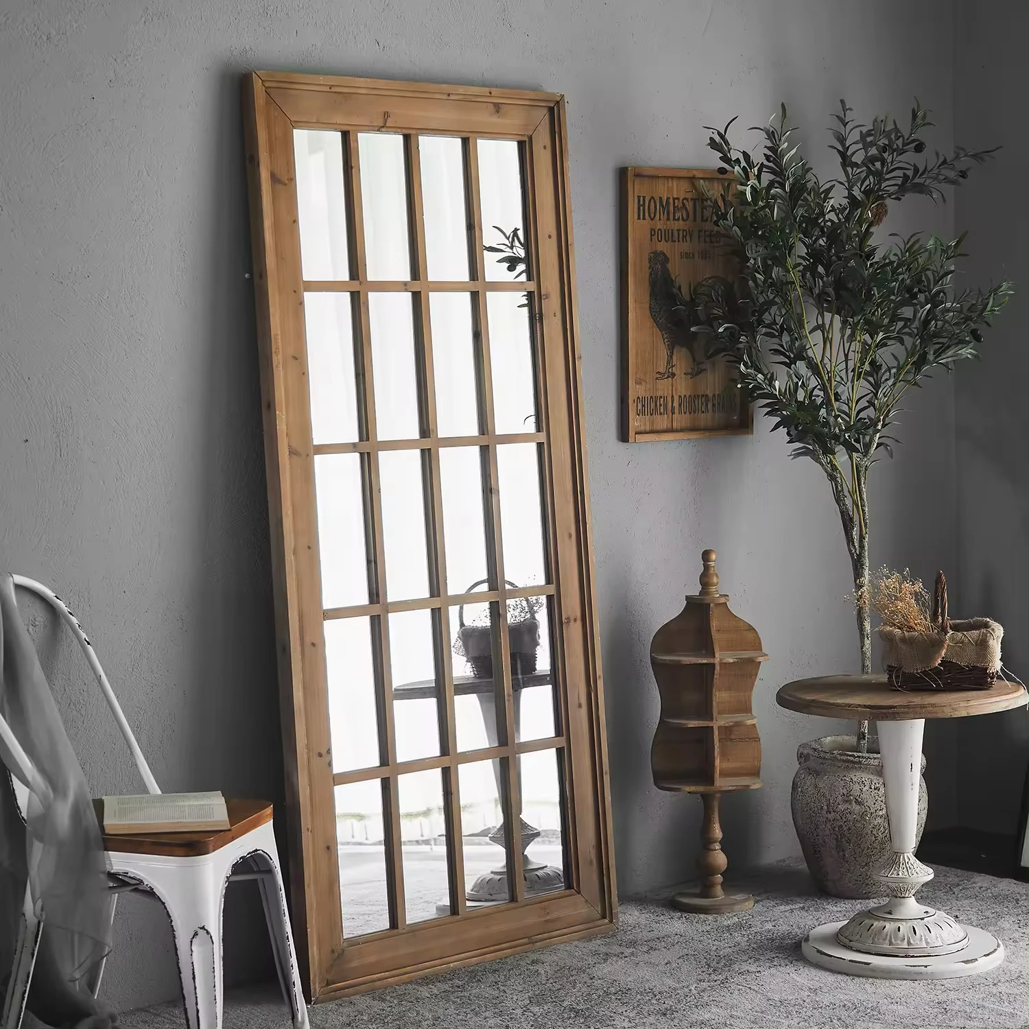 Rustic Style Decoration Large Frame Rectangular Floor Mirror Wood Window Wall Hanging Mirror Decorative Mirror