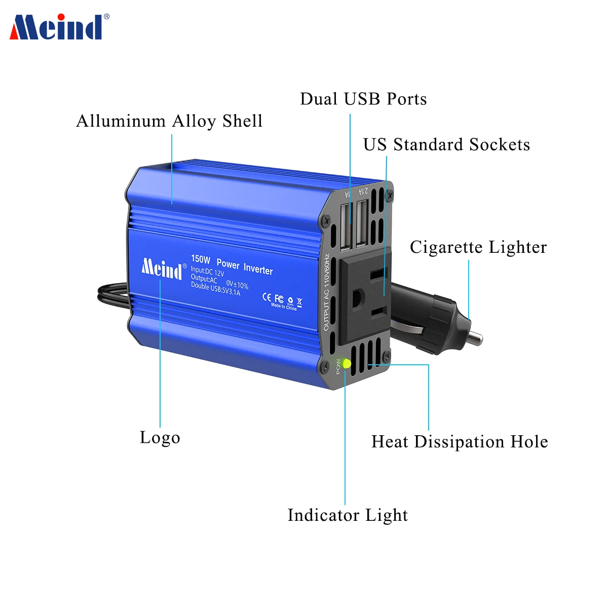 Meind 150w portable mini power inverter 12v to 110v with US socket and dual USB ports for car