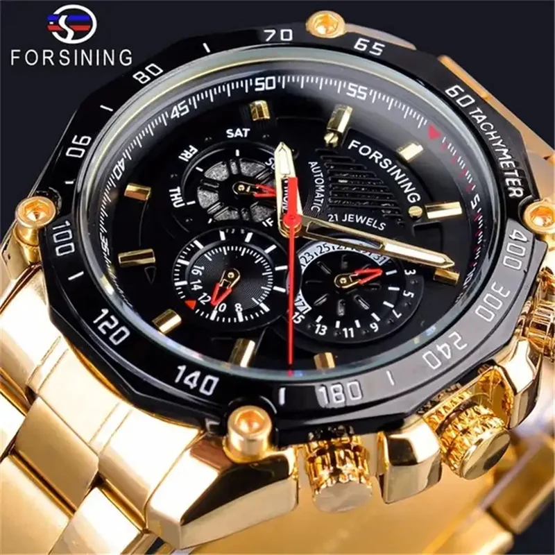 FORSINING 427G Male Watches Top Brand Luxury Automatic Sport Watch for Men Week Mechanical Wristwatches Steel Strap New 2023