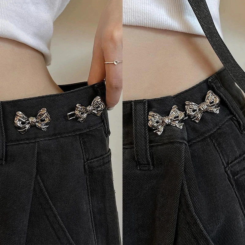 Metal Bow Tie Button Reusable Bowknot Snap Fastener Pants Pin Invisibility Adjustable Tighten Change Waist Size Brooches Jewelry