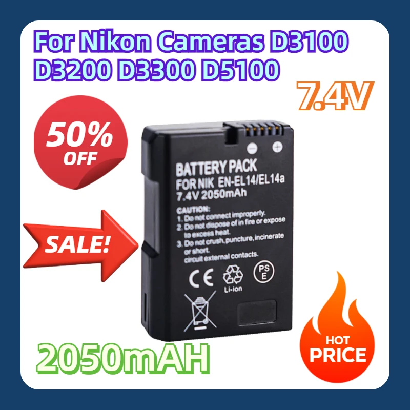 

For Nikon Cameras D3100 D3200 D3300 D5100 D5200 D5300 D7000 D7100 D7700 EN-EL14 7.4V 2050mAH Battery Suitable