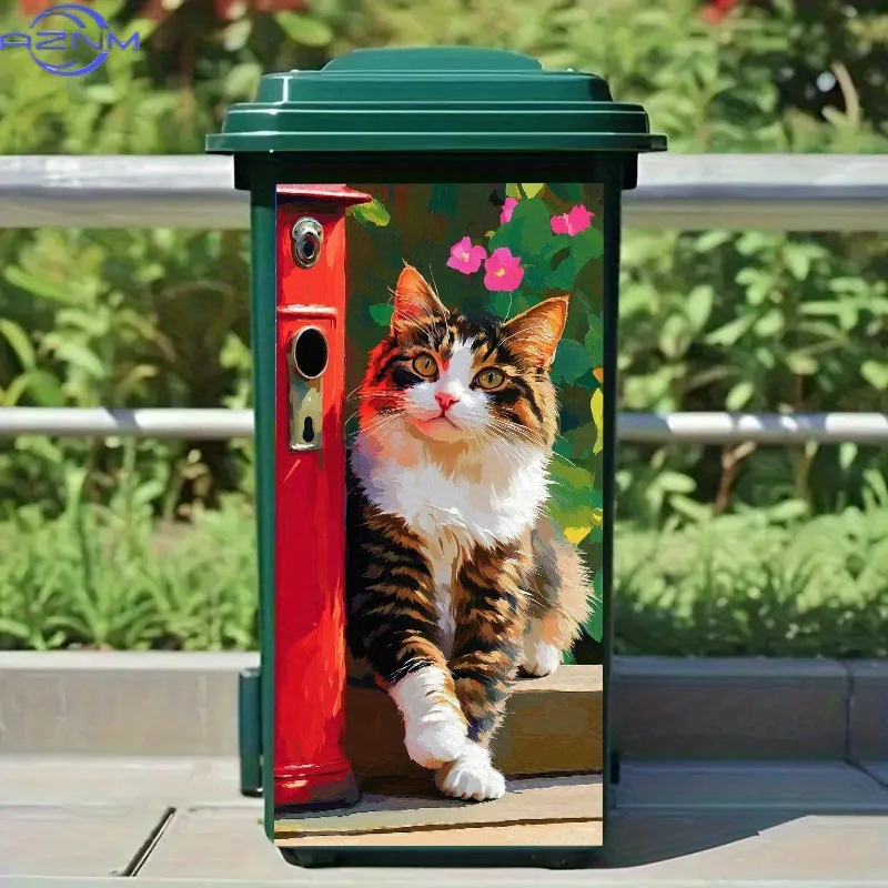 1pc 2D Flat Trash Can Sticker, .01xcm - Vibrant Cat & Mailbox Design, Polyvinyl Chloride, No Battery Needed, Perfect for Trash