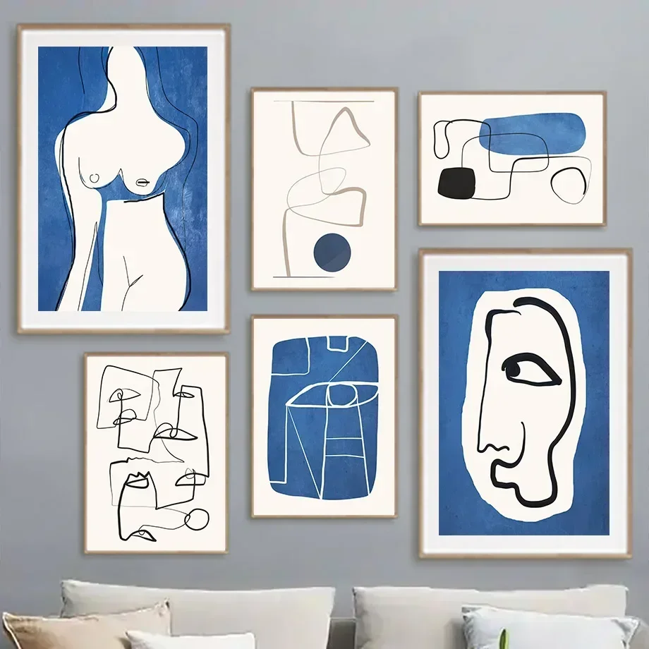 Boho Abstract Watercolor Line Art Canvas - Klein Blue Body & Face Canvas Painting for Living Room Wall Decor