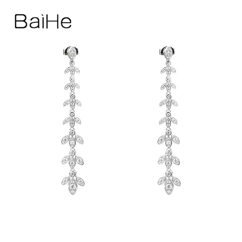 BAIHE Solid 14K White Gold H/SI Natural Diamond Leaf Stud Earrings Women Wedding Trendy Fine Jewelry boucle d’oreille kolczyki