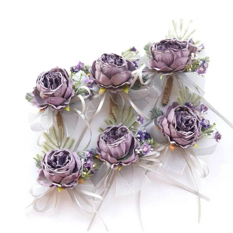 Fleurs roses artificielles violettes, boutonnières de garçon d'honneur, corsage de poignet, accessoires de mariage de demoiselle d'honneur