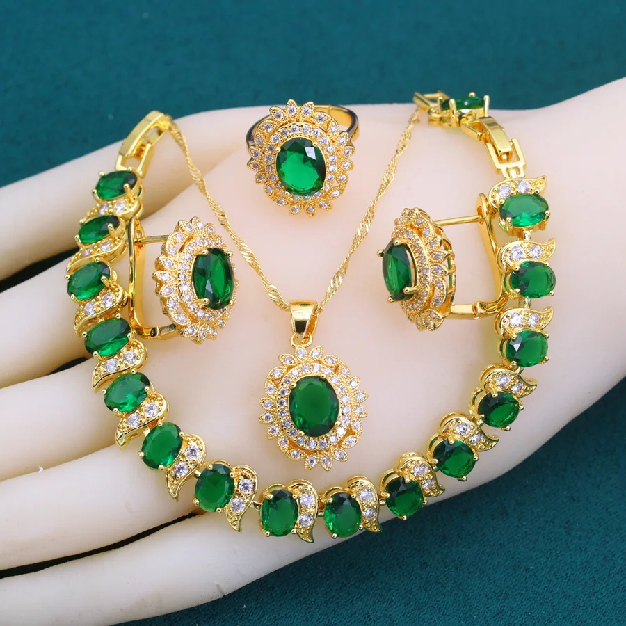 2024 New Green Zirconia 18K Gold Plated  Jewelry Sets for Women Crystal Earrings Necklace Adjustable Ring Bracelet Wedding Gift