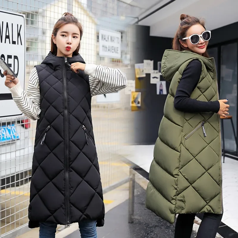 

Women Sleeveless Vest Long Down Jacket Solid Korea Hooded Padded Vests Slim Females Ladies Fashion Casual Winter Coat Women Vest