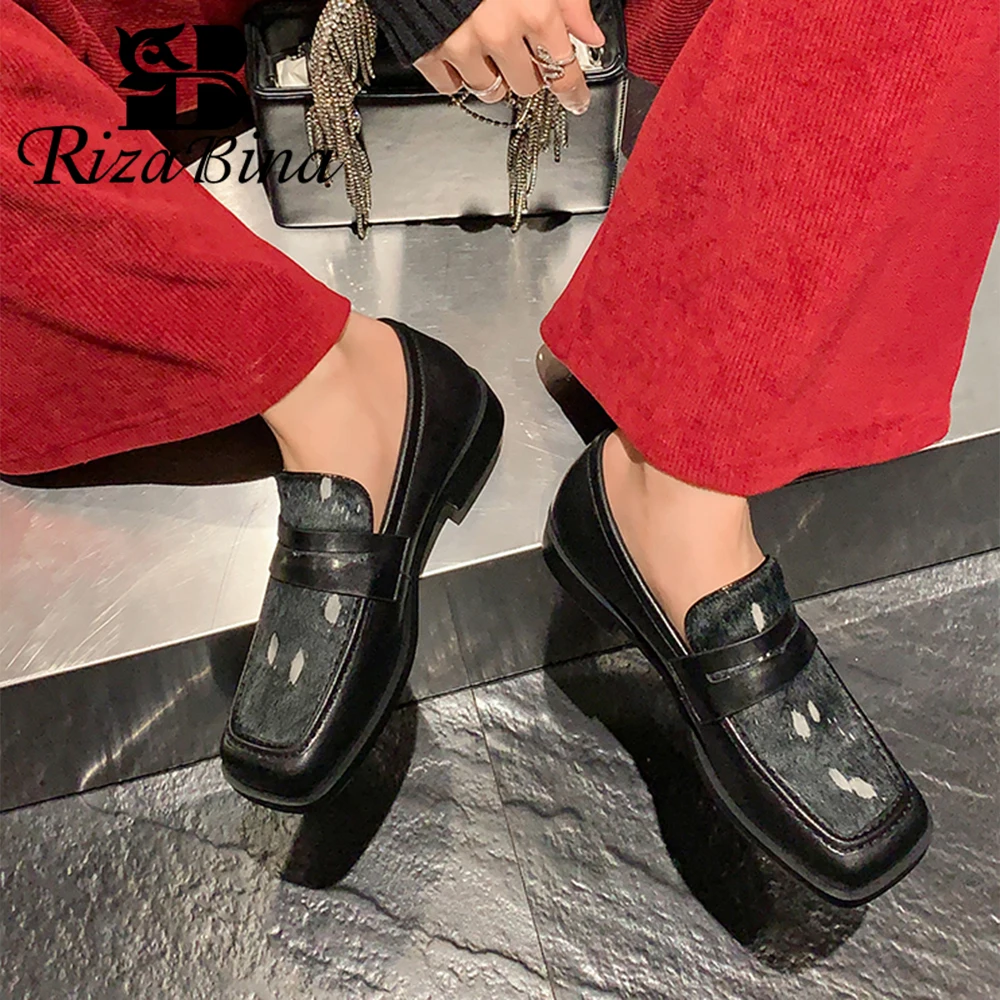 

RIZABINA Genuine Leather Women Loafers Shoes Stylish Square Toe Spotted Design Casual Shoes Feamle Punk Style Party Flat Shoes