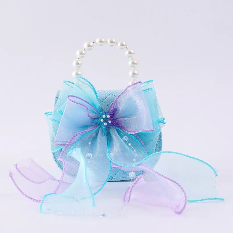 Cute Girls Handbag Pearl Handle Organza Big Bow Starfish Decor Children Mini Crossbody Bag Birthday Gift