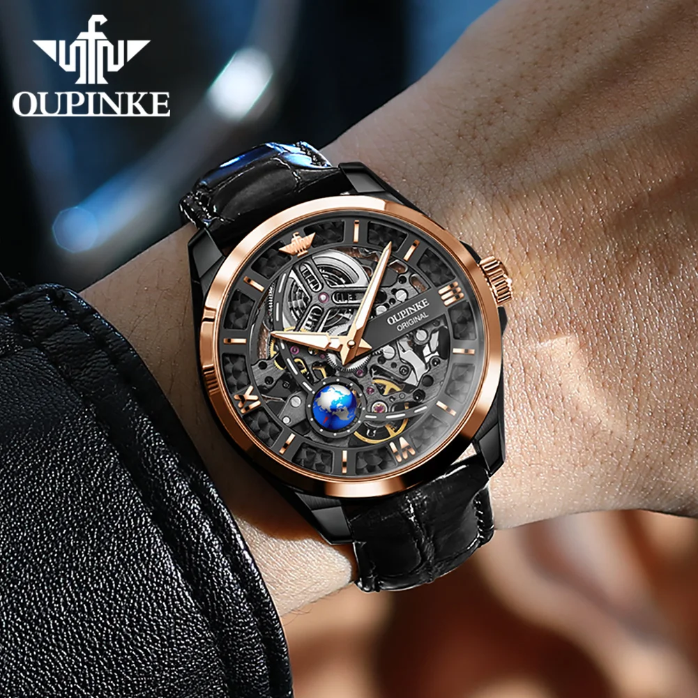 OUPINKE Luxury Brand Original Mechanical Watch for Men Full Skeleton Blue Earth High End Automatic  Wrist watch for Man Leather