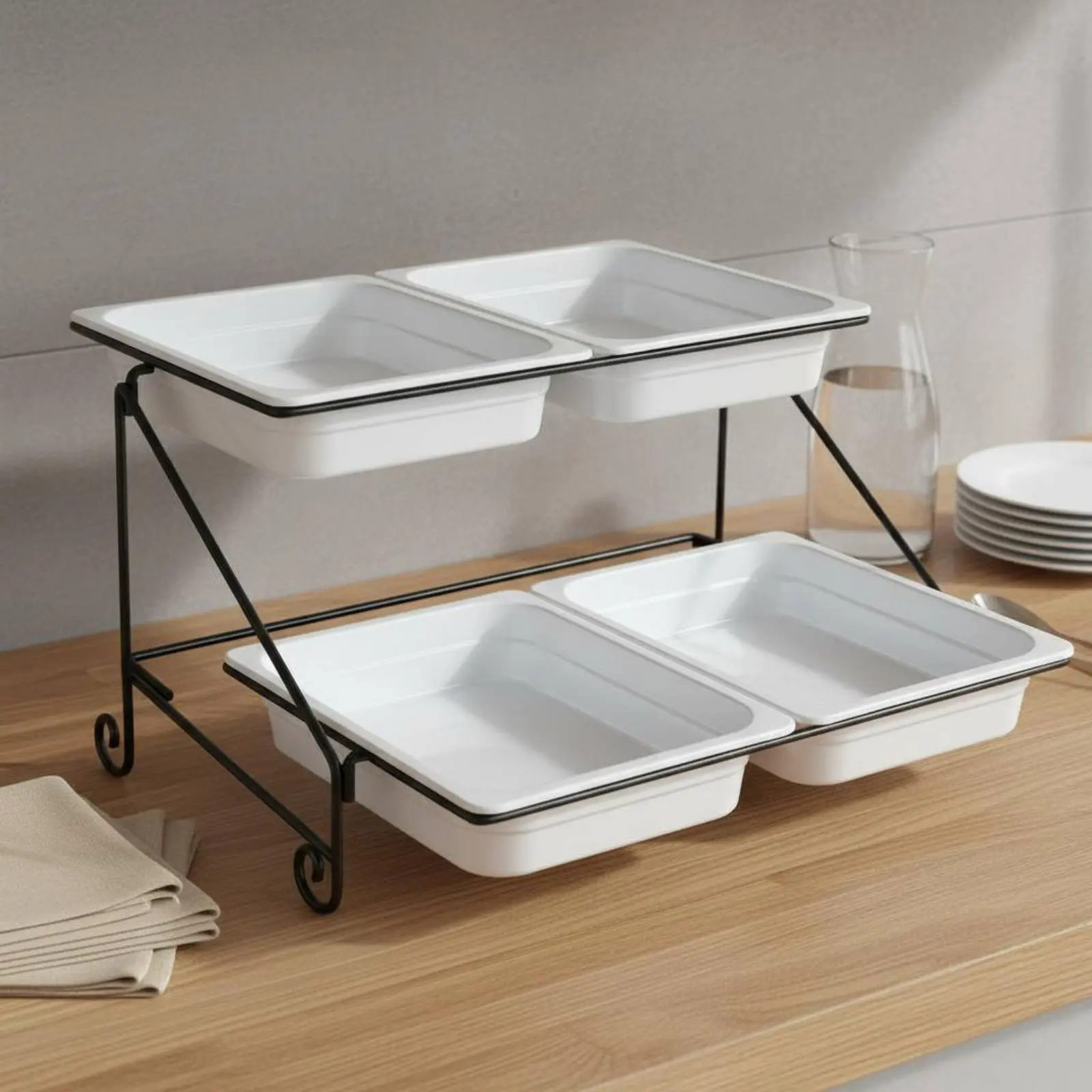 

Lidded Food Serving Station Transparent Lids 2-Tier Buffet Serving Stand Rectangular Food Display Stand Particles-Resistant Lids