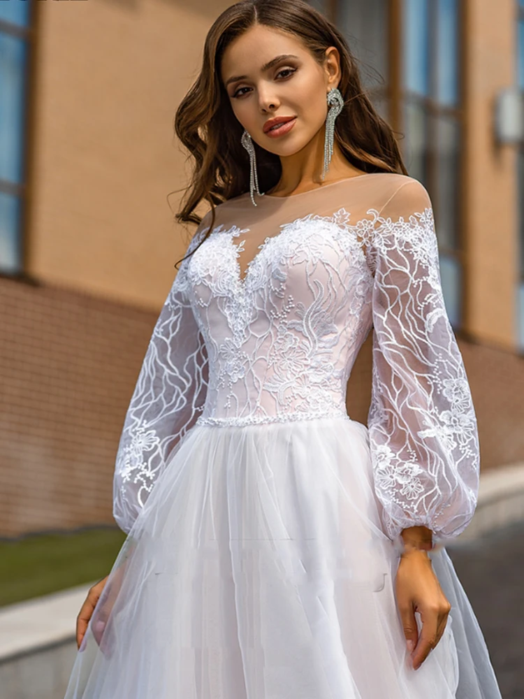 Exquisito vestido de novia de tul con manga larga abullonada para mujer, traje bohemio de encaje, cuello de ilusión, verano, 2024