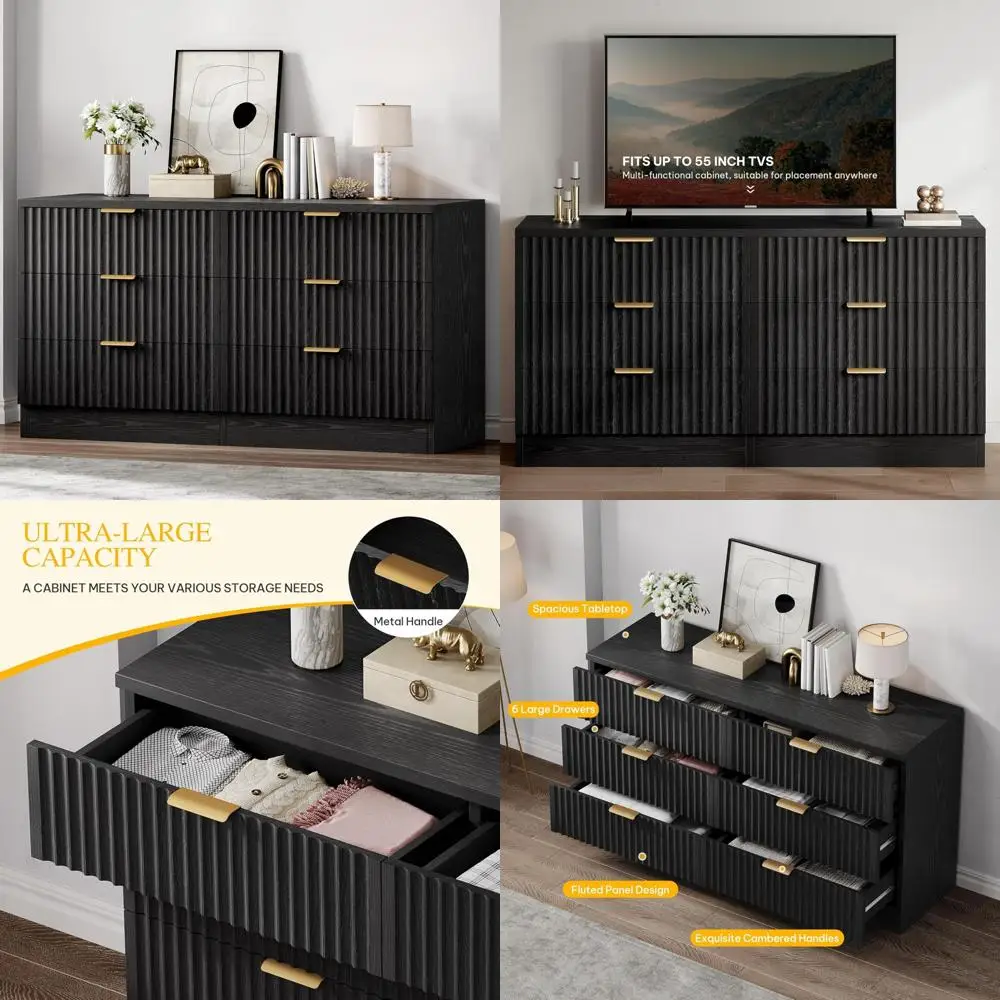

рифленый комод с 6 ящиками, современный деревянный сундук шириной 47,5 дюйма, комод с металлической ручкой, универсальный шкаф под телевизор