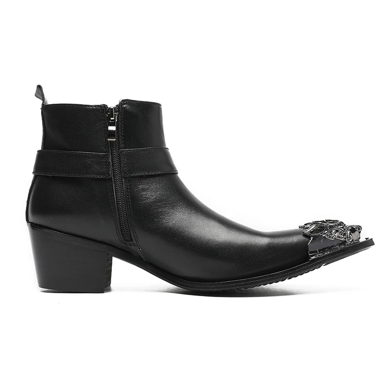 남성용 메탈 포인티드 지퍼 방수 버클 첼시 부츠 새 앵클 부츠 파티 가죽 신발