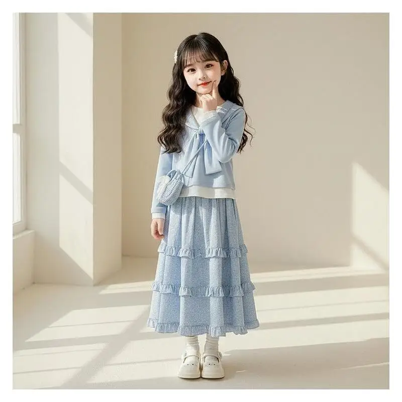 

Детская одежда: весенне-летний комплект из двух предметов, платье-костюм из полиэстера и хлопка для девочек-подростков, школьный стиль, милый и элегантный дизайн