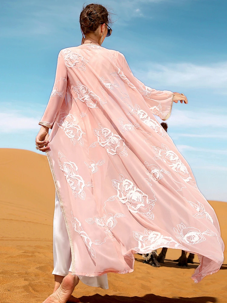 Morocco Party Dress for Women Muslim Two Piece Suit Inner Dress & Abaya Embroidery Flowers Ramadan Caftan Kaftan Vestidos Eid