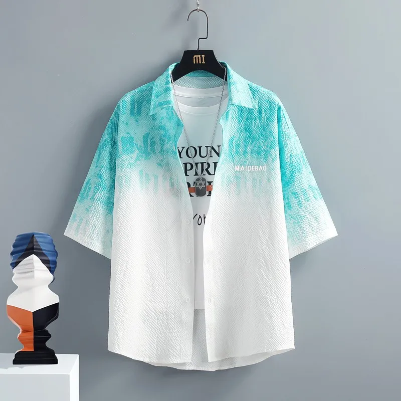 

Gradual Dryness Bubble Shirt Men's Short Sleeve Summer Ice Sensation Thin Five-Quarter Sleeve Quick Dry Polyester Fiber Jacket
