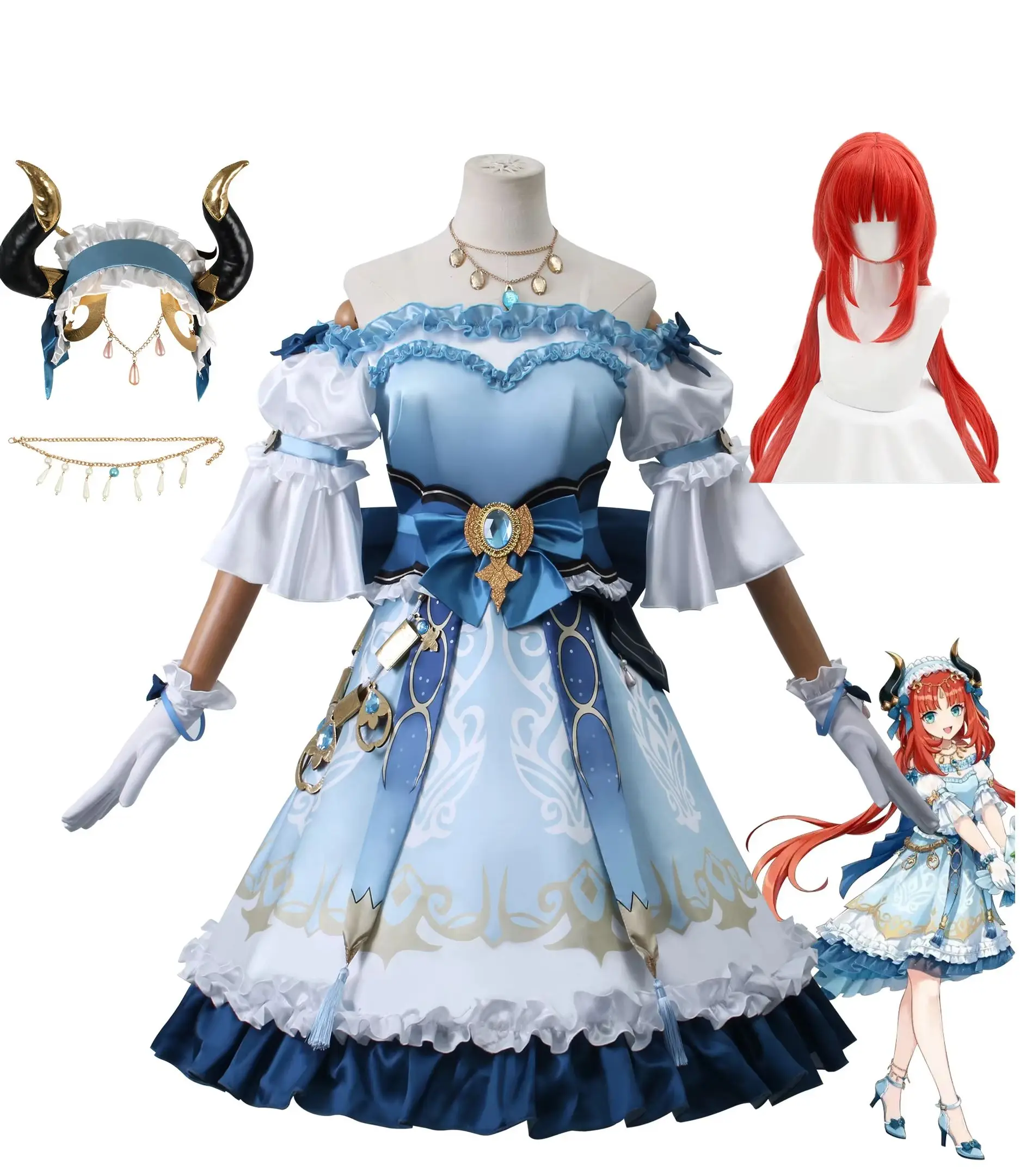 Nilu Japanese clothing collaboration role-playing full set of blue and white pleated dresses, anime game characters, Halloween