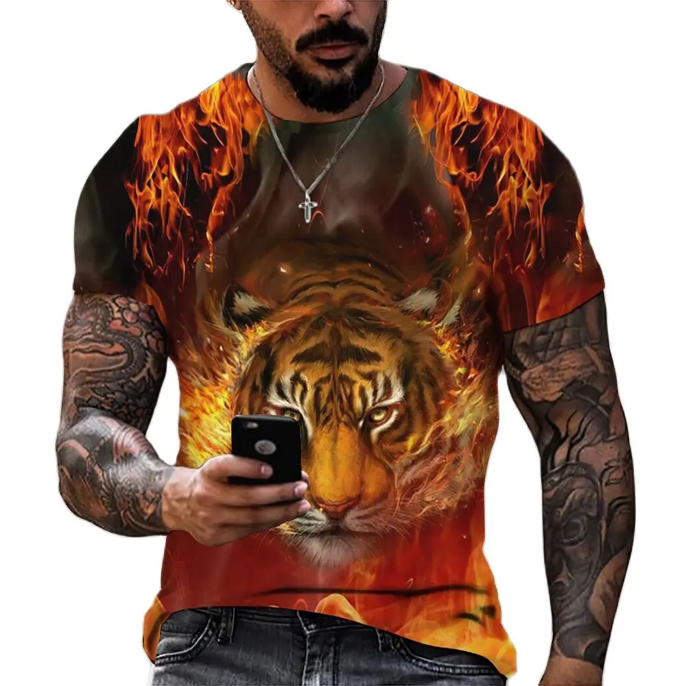 Tiger Fighting Animal Beast Fierce Lion/leopard Print 3D T-shirt Men\'s Short Sleeve Tops Oversized Tees Shirt Men Design Clothes