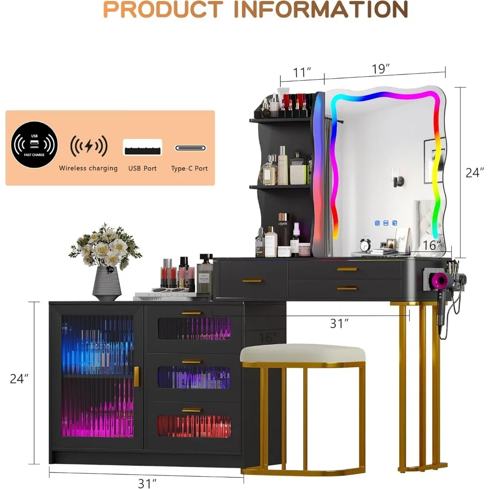 RGB dressing table set with glass countertop with charging station, 8 drawers, and a padded stool for dressing tabl16Dx60Wx50H