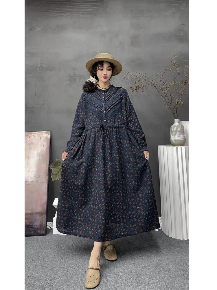 เสื้อผ้าฝ้ายลินินลายดอกไม้สไตล์เรโทรทรงหลวมเอวสูงทรงเอ ใส่สบาย เหมาะสำหรับการเดินทาง แขนยาว ทรงกลม ดีไซน์ทันสมัย