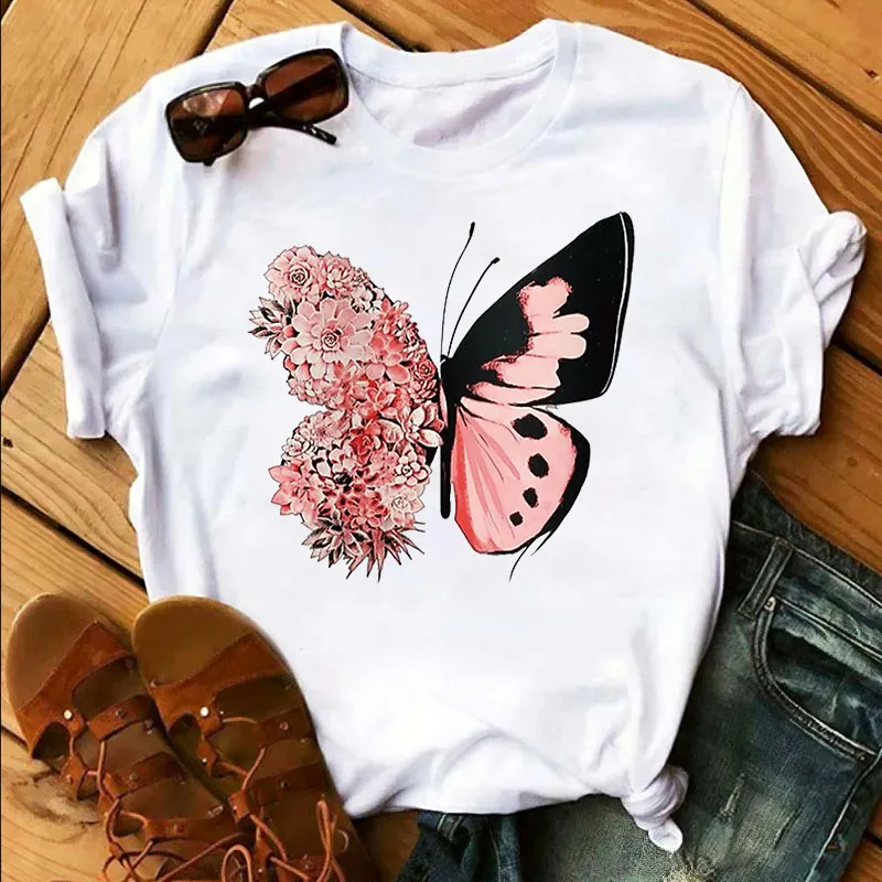

Модная футболка с графическим принтом бабочки, летняя хлопковая футболка с круглым вырезом, повседневная одежда для отпуска
