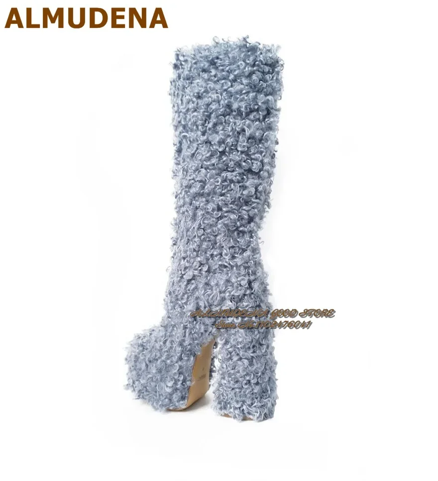 

ALMUDENA Sky Blue Chunky Heel Fur Boots Warm Teddy Fury High Platform Knee Boots Sweet Fluffy Tall Boots Warm Dress Shoes