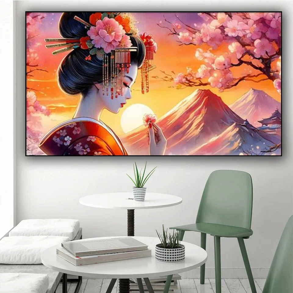 Grande Sakura Árvore Japonês Fujiyama Arte Mosaico Ponto Cruz, DIY Pintura Diamante, Quadrado Completo e Redondo Diamante, Mulher Antiga, Gueixa