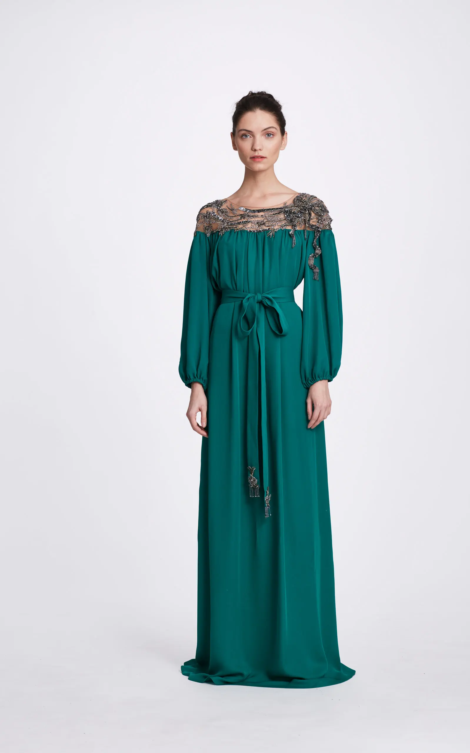 L430 Green Long puff Sleeves Crew Neck Beaded Chiffon  فساتين السهرة vestidos de fiesta  فساتين سهره evening dresses