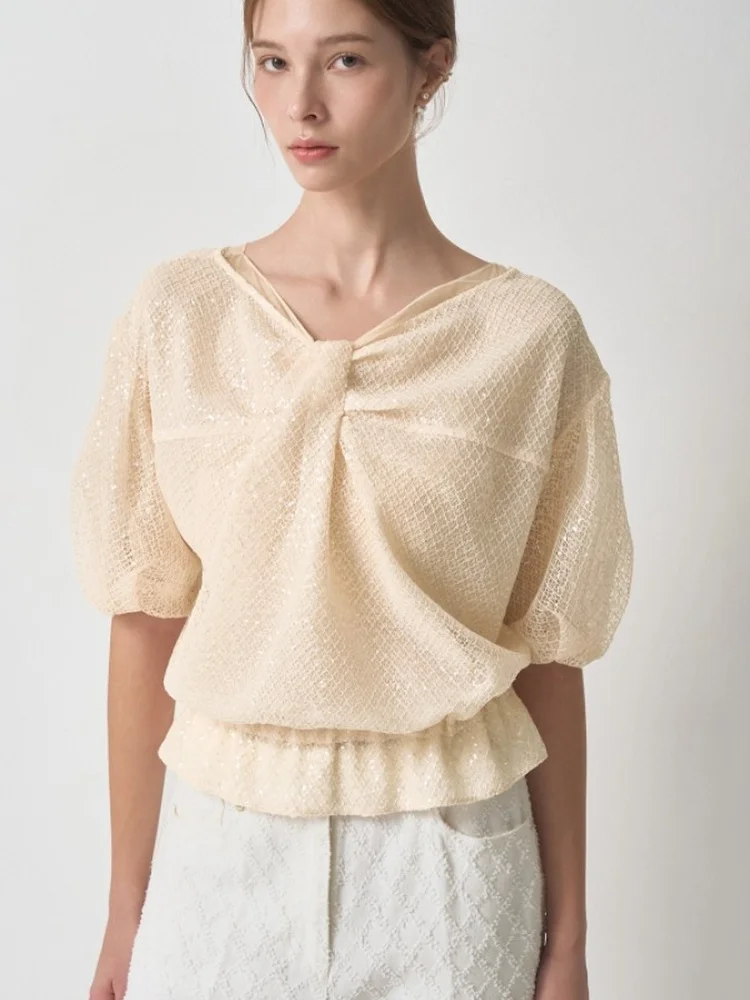 

Elegant Loose Cotton Blouse Sparkling Sequins A-Line Silhouette Dual-Sided Wear Slimming Short Sleeve Daily Wear for Teens