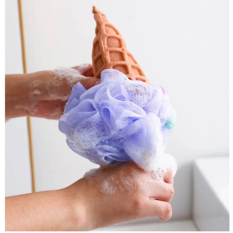 New Creative Cute Cartoon Ice Cream Rainbow Bath Ball Soft Foaming Shower Pouf Body Scrubber Mesh Bath Loofah for Bathroom
