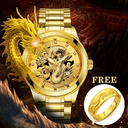 [FREE RING] Men Gold Dragon Design Quartz Watch Fashion Casual Hollow Out Calendar Stainless Steel Watches