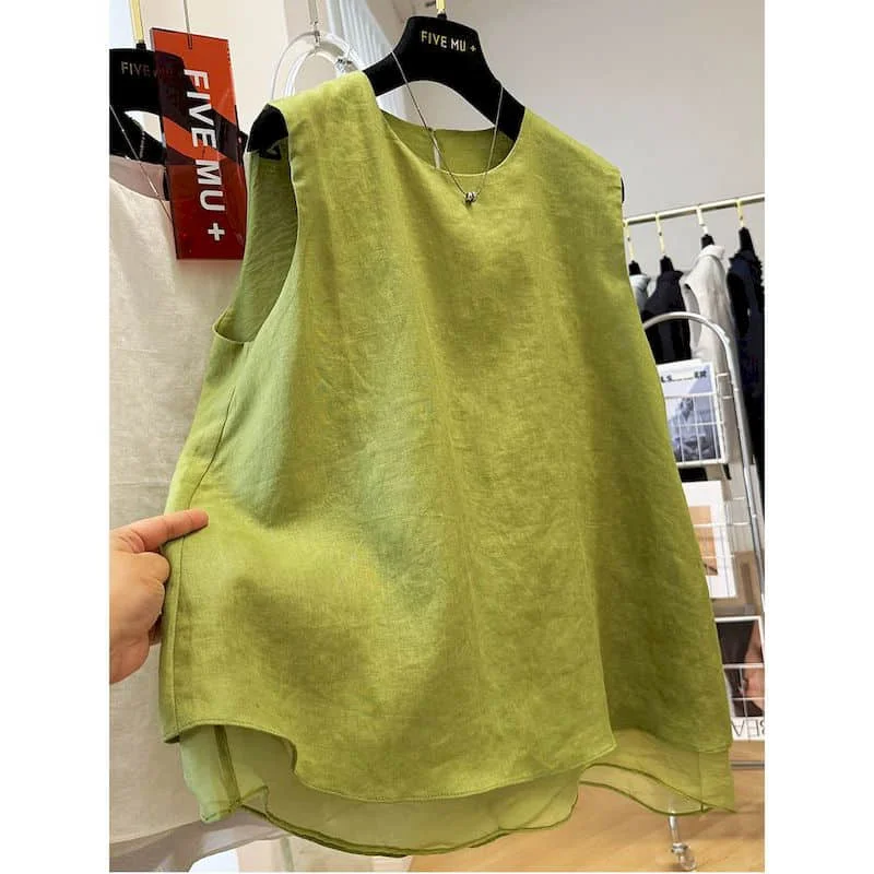 

Элегантные жилеты из хлопка и льна с круглым вырезом, свободные повседневные рубашки без рукавов в корейском стиле с сетчатыми вставками, новинка 2026 года, летняя распродажа, женская одежда