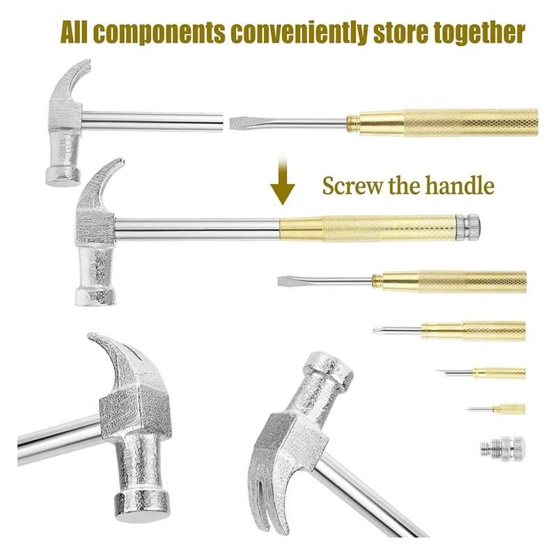 Most-Mini Hammer 6 In 1 Small Hammer Brass Hammer Screwdriver With Screwdriver Hammers Hand Tools Hammer For Picture Hanging