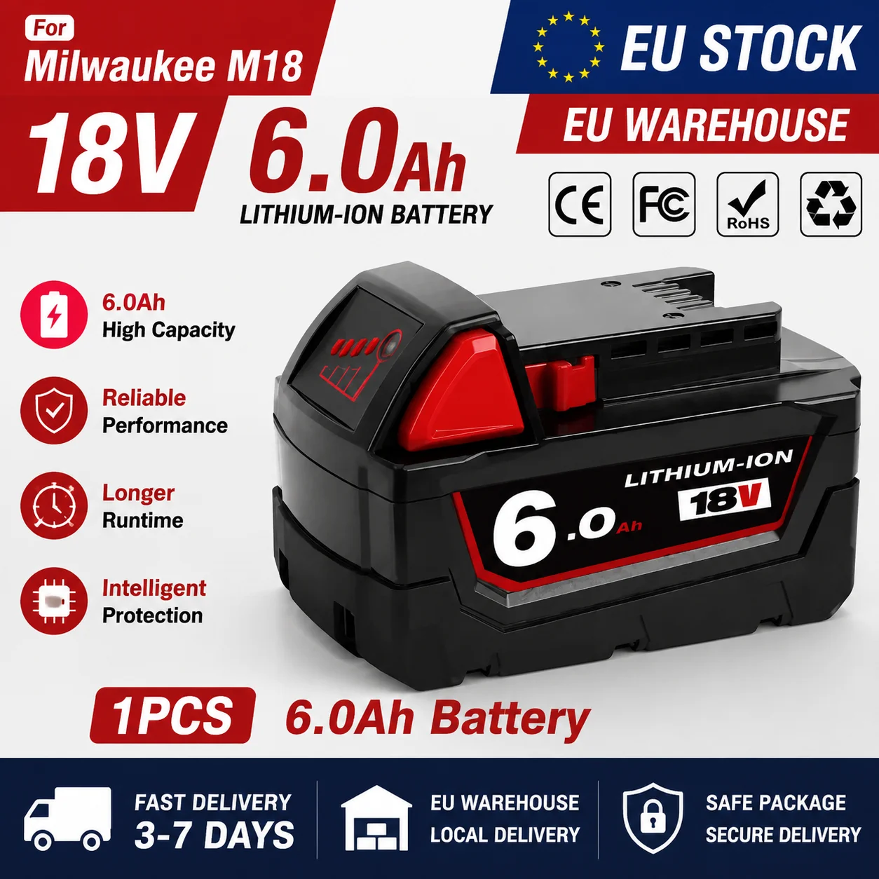 18V 6000mAh Li-Ion Ersatzakku für Milwaukee M18 48-11-1860 48-11-1850 48-11-1840 – EU-Lager Schneller Versand