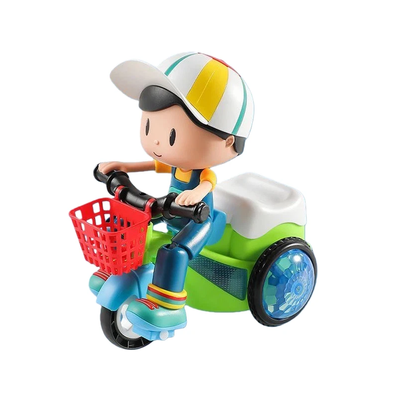 Een schattige kleine jongen die een driewieler rijdt met elektrisch speelgoed, draaiende stunts, geluid en licht, is het perfecte cadeau voor baby's